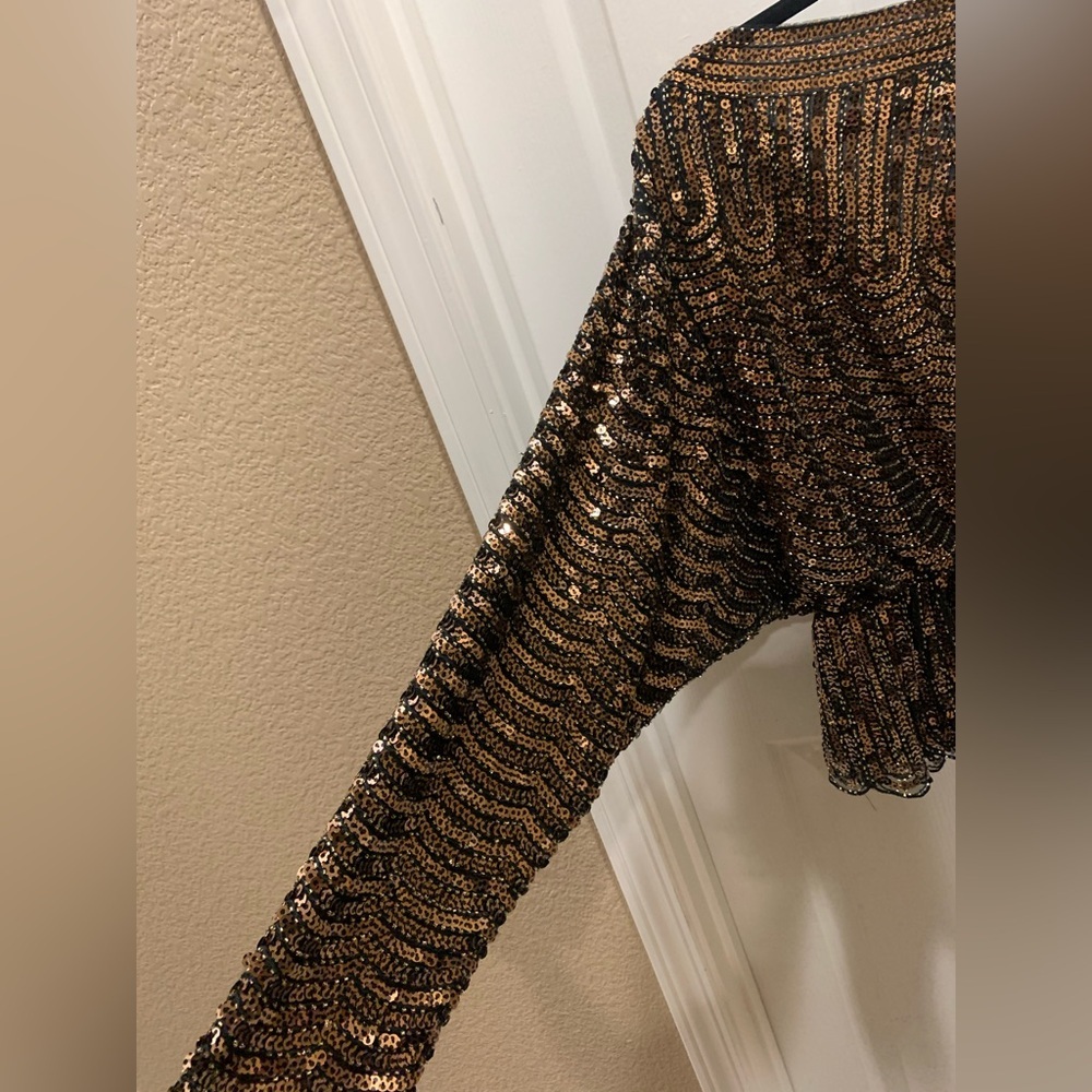 ENDLESS ROSE Long Sleeve V-Neck Gold Black Ruffled Hem Sequins Evening Top Sz M - Picture 6 of 8